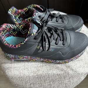 Skechers JGoldcrown Love Wall Shoes Women’s 11 Black Multicolor Hearts # 155506